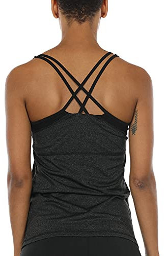 icyzone Damen 2 in 1 Sport Yoga Tops mit BH - Gym Shirts Fitness Trainings Tank Top (L, Schwarz)