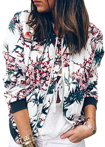 ECOWISH Damen Casual Jacke Blumenmuster Langarm Bomberjacke Reißverschluss Stehkragen Outwear Kurz Coat Herbst Frühling Blau S