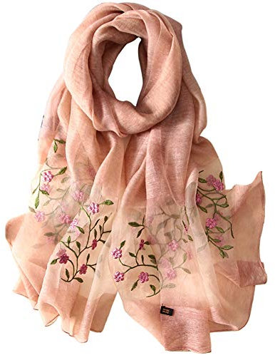 Alysee Damen-Schal, Seide und Wolle, gemischt, Blumenstickerei, Schal, Orange Beige, Large