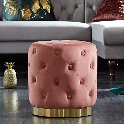 CAGÜ Sitzhocker POMPIDOU Antik-Rosa Samtstoff gesteppt Gold Metallsockel in Barock-Design Rund 36cm x 40cm