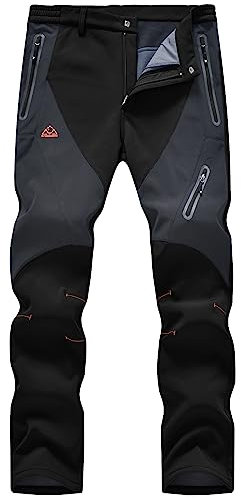 donhobo Men's Waterproof Trousers Softshell Fleece Lined Outdoor Walking Warm Thicken Hiking Ski Pants with Zip Pockets Black 32