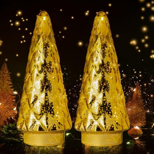 MJ PREMIER Glas Weihnachtsbaum, 2er Set Mini Weihnachtsbaum mit LED Batteriebetrieben Tischleuchte& Timer, Glas Künstlicher Tannenbaum, Weihnachtsdeko Weihnachts Desktop Dekoration (Gold)