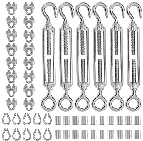 Jamiikury 6PCS M6 Hook & Eye Turnbuckle 304 Stainless Steel Turnbuckle Wire Rope Tension, 10PCS M3 Stainless Steel Thimble, 16PCS M3 Wire Rope Clip Clamp, 20PCS M3 Wire Rope Sleeve, Cable Railing Kit