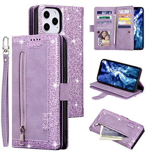 UEEBAI Wallet Case for iPhone 12 Pro Max 6.7 inch, Retro 9 Card Holder Slots Zipper Pocket Handbag Case PU Leather Magnetic Closure Kickstand with Wrist Strap TPU Shockproof folio Case - Bling Purple