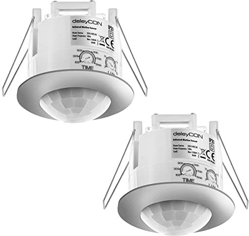 deleyCON 2X Infrarot Decken-Bewegungsmelder - Innenbereich - Reichweite 6m bei 360° - einstellbare Umgebungshelligkeit - IP20 - Unterputz - Chrome