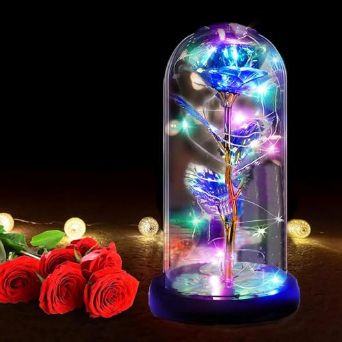 NLIGHTING® Rosa Galaxy Eterna In Campana di Vetro Idee Regalo Festa della Mamma Laurea Fidanzata Kit la Bella e la Bestia Rosa Blu Infinita Rosa in Campana di Vetro (Rosa Galaxy Blu Metallo)
