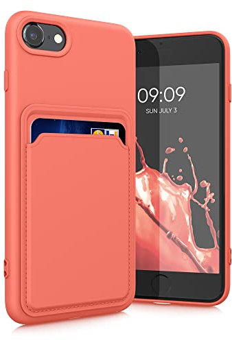kwmobile Case Compatible with Apple iPhone SE (2022) / iPhone SE (2020) / iPhone 8 / iPhone 7 Case - TPU Phone Cover with Credit Card Holder - Coral