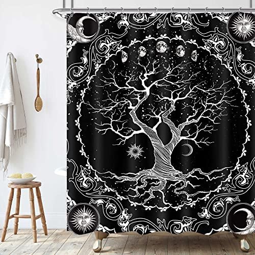 KOMLLEX Tenda da doccia con albero della vita, 152 x 182 cm (larghezza x altezza), in bianco e nero, con fasi lunari, galassia, spazio, mistico, bohémien, hippie, gotico, decorazione per il bagno,