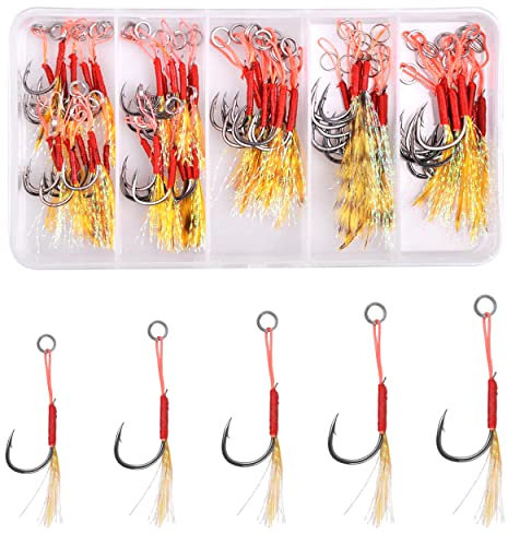 50stk Assist Jig Angelhaken Kit Jighaken mit Feder aus Kohlenstoffstahl, scharfe Jig Angelköder Haken mit langsamer Steigung, Jighaken Set zum Trolling