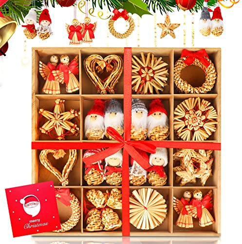 AQhui Natural Straw Xmas Tree Decorations - 52pcs with Personalised Trees, Handmade Snowflake Star Ornaments for Family Christmas