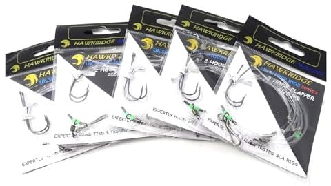 HAWKRIDGE RIG PRO SERIES - 5 Packs of Double Hook Type Commercial Quality FLAPPER Ready Tied Rigs - Ideal for Sea and Shore Fishing (5 pack - 2 Hook - Size 4)
