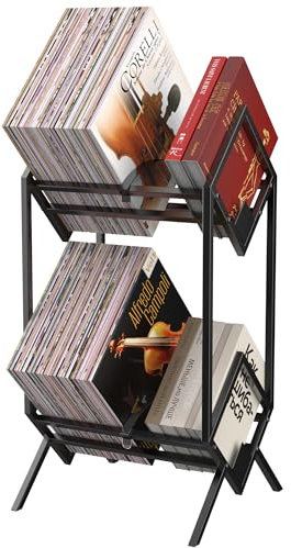 JORDFY Scaffale per dischi in vinile, 2 ripiani in vinile, 180-200 lp, espositore in metallo nero con divisori, protezione deflettori, organizer per organizzare album/libri/riviste/file
