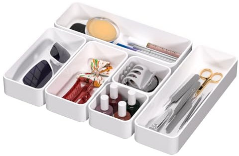 CHANCETSUI 6 PCS Stackable Drawer Organizers Set, Versatile Desk and Vanity Drawer Organizer Trays, Storage Bins for Makeup, Bathroom, Bedroom, Kitchen and Office