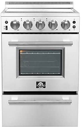 FORNO Loiano Full Electric 24 Inch. Freestanding Range and Oven with 4 Electric Burners Ceramic Cooktop - 2.3 Cu.Ft. Stainless Steel Oven with Control Knobs and Pro-Style Handle