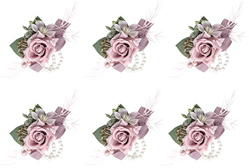 Ansofi Dusty Pink Handgelenk Corsage 6 Stück für Hochzeit Abschlussball Party Künstliche Blume Handgelenk Corsage Armbänder Homecoming Corsage Wristlet Corsage Blumen für Braut Brautjungfer Mädchen