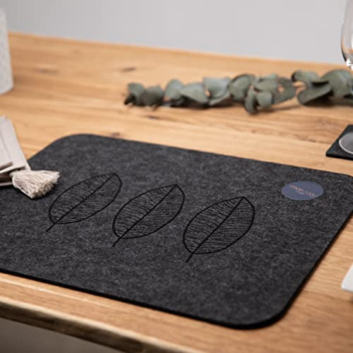 Filz Tischset Leaf | anthrazit | 45x35cm | Platzset mit Blatt Muster, Filzset Tischdeko Esstisch Skandi Deko