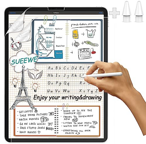 SUEEWE [2 PZS] Protector Pantalla Mate para iPad Pro 12,9 (2022/2021/2020/2018), Antirreflejo PET Protector Pelicula de Feel Like Efecto Papel con 2 Puntas para Dibujar y Escribir