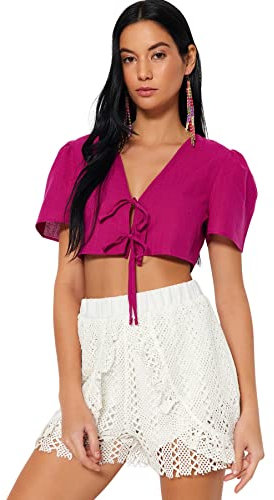 Trendyol Blusa Tejida con Cuello en V Recto para Mujer Camisa, Fucsia, 38