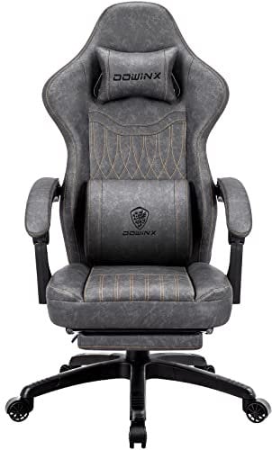 Dowinx Gaming Chair for Adults - Recliner Armchair with Massage Lumbar Support, Swivel, Ergonomic Gaming Chair with Footrest, Office Chair PU Leather Grey