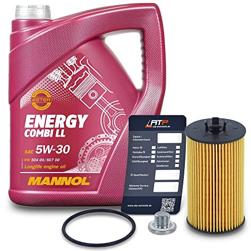BESTPRICE Inspektionspaket Filterset mit 1x MANNOL Motoröl 5W-30 Energy Combi LL 5 Liter, 1x Ölfilter, 1x Ölablassschraube mit Dichtring, 1x Ölwechselanhänger