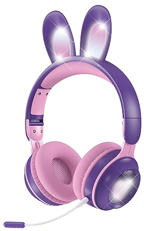 Kopfhörer Kinder Schule Kinderkopfhörer Bluetooth kabellos Katzen Kopfhörer mit LED-Leuchten abnehmbar Mikrofon verstellbar Stirnband faltbar einstellbar Kopfhörer mit Lautstärkebegrenzung für Reisen