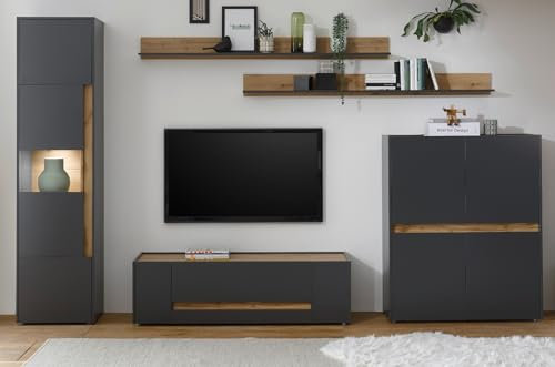 Furn.Design Wohnwand Schrankwand in grau matt und Eiche Wotan Moderne Wohnkombination 5-teilig mit Vitrine, TV Lowboard, Highboard, Wandregalen 330 x 197 cm Center (Set 2)