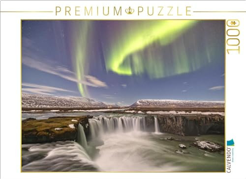 CALVENDO Puzzle Nordlicht über dem Godafoss Wasserfall in Island | 1000 Teile Lege-Größe 64 x 48 cm Foto-Puzzle für glückliche Stunden
