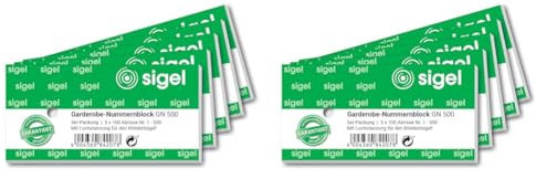 Sigel GN500 Garderoben-Nummernblöcke mit Lochstanzung, 500 Bons (nummeriert 1-500, 10,5 x 5 cm) (Packung mit 2)