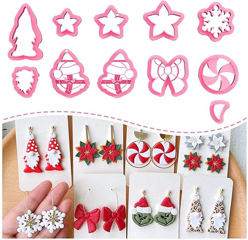 KEOKER Weihnachts-Tonschneider, Winter-Polymer-Tonschneider für die Herstellung von Ohrringen, 10 Formen Urlaub Ton Ohrringe Cutters, Weihnachtsstern Ton Ausstecher, Grinch Clay Cutter (Ohrring Clay