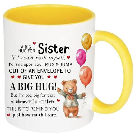 A Big Hug for Sister, Long Distance Relationship Gifts for Sister, 11oz Inside Coloured Ceramic Mug. (Yellow)