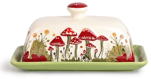 Fungi Fun Mushroom Butter Dish With Lid For Countertop Ceramic Butterdish, Red Mushroom Butter Container, Butter Tray Large Butter Dish Covered (White, Standard)