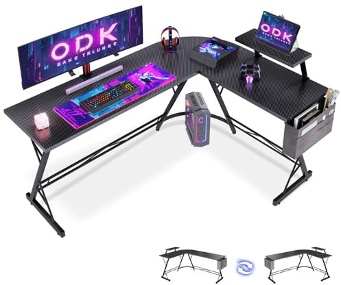 ODK Gaming Tisch, Gaming Schreibtisch Eckschreibtisch für Gamer, Schreibtisch L Form mit Monitorständer für Büro (Carbon Schwarz, 167 x 120 cm)