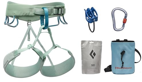 BLACK DIAMOND Women’s Momentum Harness Rock Climbing Package | Climbing Harness, Belay Device, Carabiner & Chalk Bag Set | Desert Sage | Medium