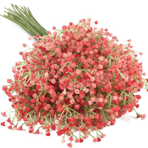N&T NIETING Gypsophila Lot de 10 fleurs artificielles, gypsophile, fausses fleurs, pour mariage, fête de mariée, fête, décoration d'intérieur (rose et rouge)