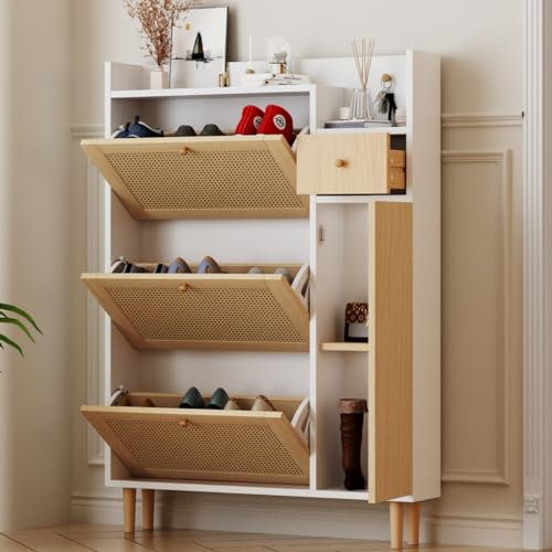 KOMHTOM Rattan Schuhschrank Sideboard, Schuhkipper mit Vier Schranktüren und Einer kleinen Schublade, Kabinett für Enge Eingänge (B, Natur + Weiß)