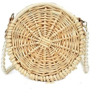 ZCHNB 16X16CM Cebo De Bautismo De Paja Pastoral Pequeña Bomba De Ratán Tejida Redonda Cadena De Perlas Bolsas Dolly De Perlas para Bodas Bolso De Fiesta De Noche Dama De Honor