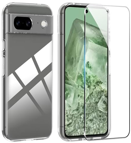 FDHYFGDY - Carcasa para Google Pixel 8a + 1 pieza protector de pantalla de cristal templado, carcasa protectora de silicona transparente resistente a los golpes, carcasa transparente fina de TPU