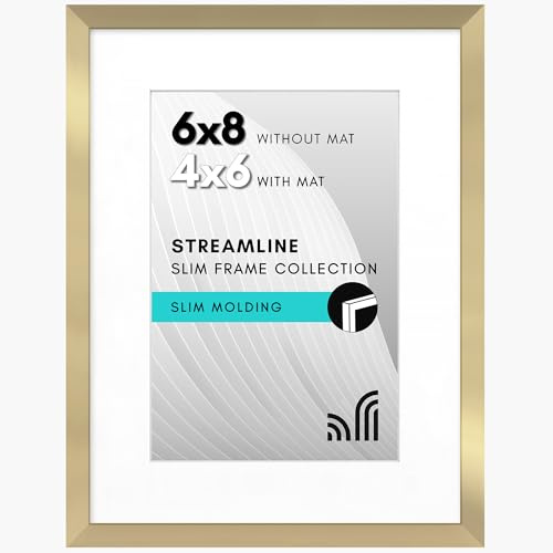 Americanflat 6x8 Picture Frame with Shatter-Resistant Glass - Use as 4x6 Frame with Mat or Display 6x8 Photo Without Mat - Streamline Collection - Picture Frames for Tabletop and Wall - Gold
