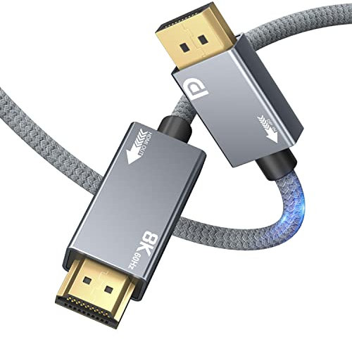 DisplayPort 1.4 auf HDMI 2.1 8K Kabel, DisplayPort auf HDMI Adapterkabel 2M,mit 8K@60Hz 4K@120Hz 144Hz 2K@240Hz, HDR, Dolby, HDCP 2.3, DSC 1.2 für TV, Projektor, Monitor, AMD NVIDIA Graphics (2M)