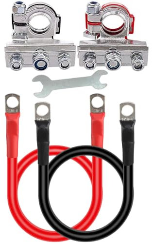 12V Automotive Battery Top Post Connector Clamp Terminals & Cables (50cm Cables with 10mm Rings) M10 5AWG & Tool | 3 Way Battery Connectors for Car/Motorhome/Van/Truck