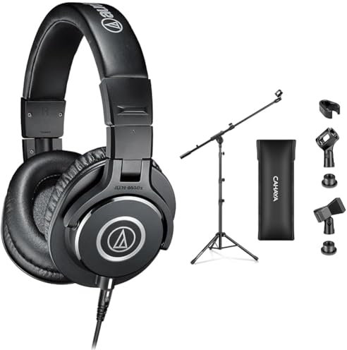 Auriculares Profesionales Audio-Technica M40x Negro para Monitorización en Estudio con Soporte de Micrófono CAHAYA con Brazo y Pinzas para Microfonos Plegable y Ajustable de 64-158cm