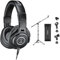 Auriculares Profesionales Audio-Technica M40x Negro para Monitorización en Estudio con Soporte de Micrófono CAHAYA con Brazo y Pinzas para Microfonos Plegable y Ajustable de 64-158cm