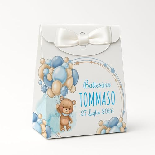 PV Grafik® Set da 16 Scatoline Portaconfetti Battesimo e Nascita Bimbo e Bambina | Bomboniera Personalizzata Porta Confetti | Bomboniere per Confettata Bambino e Bimba | Nastrino incluso (Nica 59)