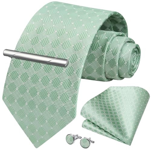 HISDERN Herren Krawatte Salbeigrün Hochzeit Seidenkrawatte und Einstecktuch Manschettenknöpfe Krawattenklammer Set Formal Business
