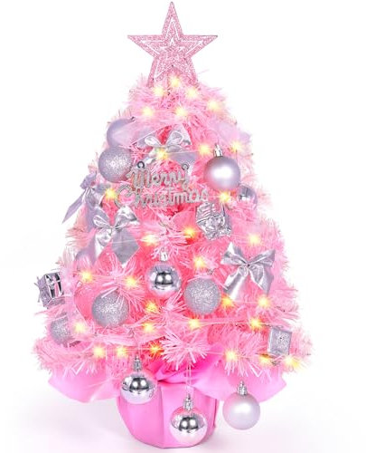 MZJAUVF Árbol de Navidad Pequeño 60cm, Mini Árbol Con Luces LED, Artificial de Mesa Rosa, Decoración Para Hogar y Oficina