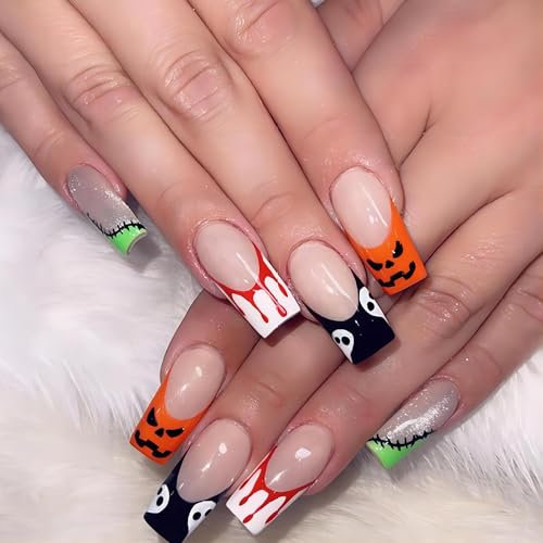 24PCS Short/Long Halloween False Nails with Glue - Almond/Coffin/Stiletto Shapes - Black/Red/Pink Press On Nails for Women and Girls (Mixed Colors, L)
