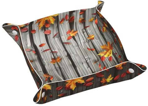 Faux Leather Valet Tray Autumn Leaves on Wooden Planks Bedside Desk-top Storage Tray Nightstand Caddy Tray