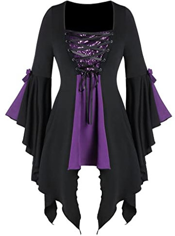 Generisch Damen Kostüm Kleid Halloween Cosplay Kleidung Kostüm Hexenkleid Mittelalterliches Renaissance Hexenkleid Vampir Verbandkleid für Cosplay Viktorianischen Kleider Maxikleid (Purple, XXXL)