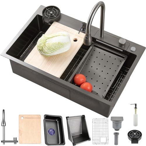 Küchenspüle 86 x 50 cm Große Spühlbecken Schwarzes Spülbecken aus Edelstahl Modernes Multifunktionsspülbecken mit Tassenwaschmaschine, Seifenspender, Wasserhahn, Ablaufgarnitur (86 * 50 cm)