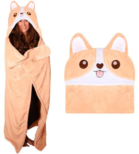 ZQEJEFD Decke mit Ärmeln und Kapuze, Tragbare Decke für Frauen, Kuscheldecke Flauschig, TV-Decke Weich Wohndecke Winterdecke, Geschenke für Frauen zum Weihnachten, Cartoon Corgi Decke 130x150cm